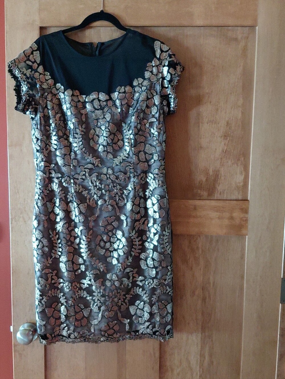 Tahari Sequin Lace Illusion Dress Size12 Black And Copper Excellent Condition